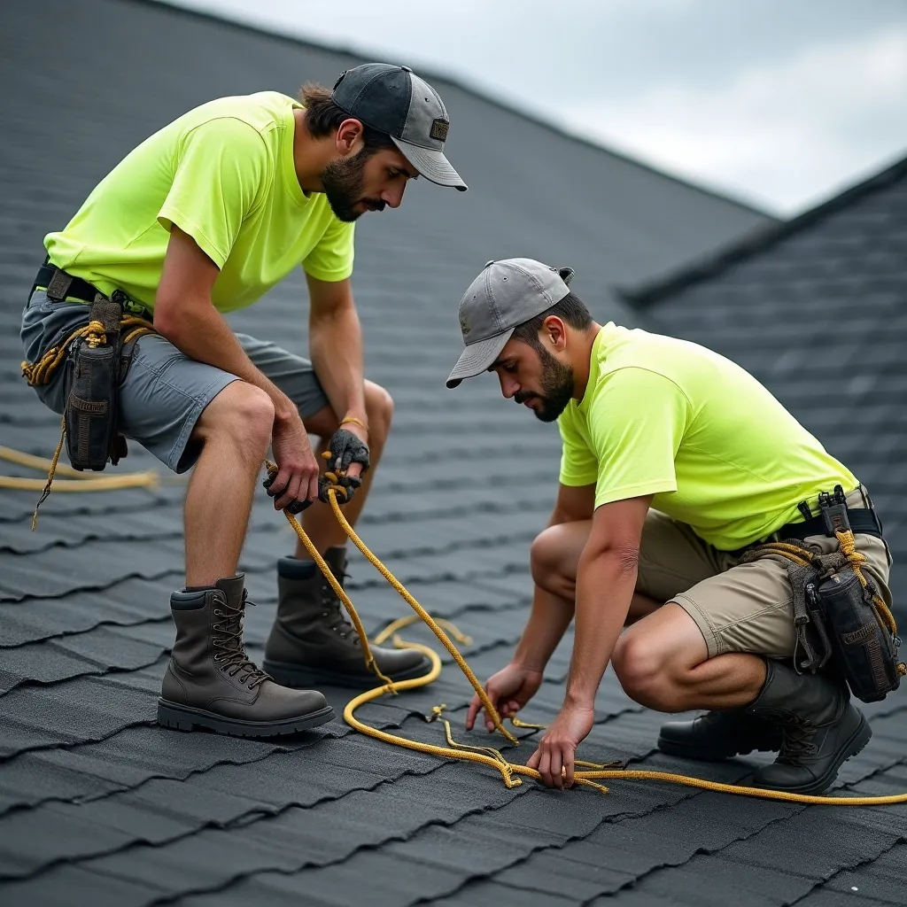 Roofing crew shaking hands with homeowner after booking through Julya